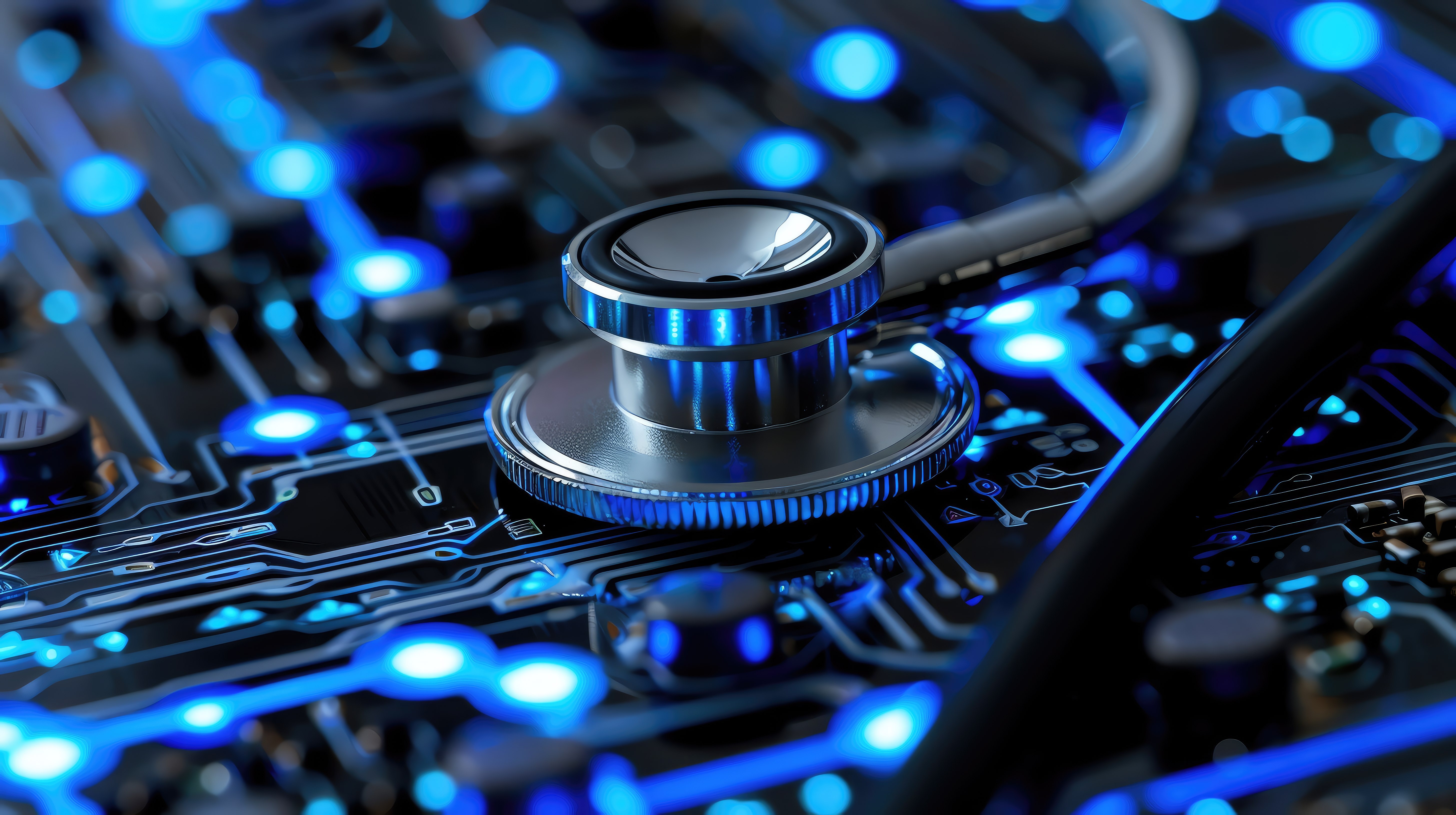 Stethoscope on a circuit board, representing the intersection of technology and healthcare